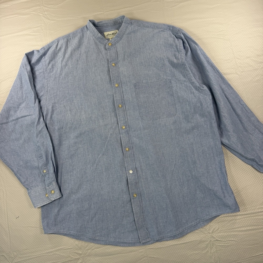 Eddie Bauer Mens XL Tall Blue Cotton Band Collar Chambray Shirt Grandad Collar